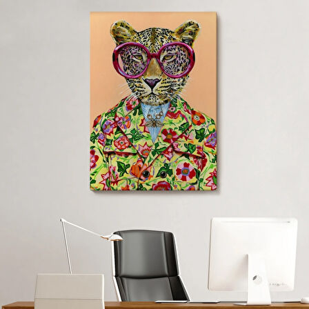 Sosyete Kokoş Leopar ve Çiçek Tacı Dekoratif Kanvas Tablo, Duvar Dekoru 6325