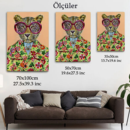Sosyete Kokoş Leopar ve Çiçek Tacı Dekoratif Kanvas Tablo, Duvar Dekoru 6325