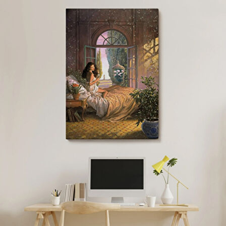 Güzel Kadın Yatakta Dekoratif Kanvas Tablo, Duvar Dekoru 6340