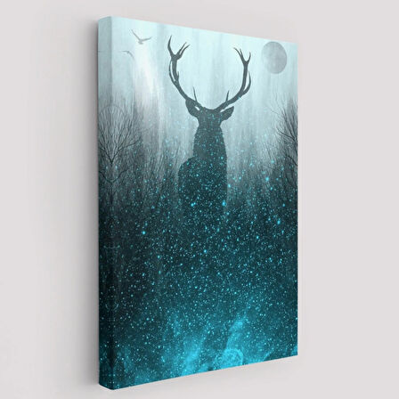 Gece Ormandaki Geyik Silüeti Dekoratif Kanvas Tablo, Duvar Dekoru 6369
