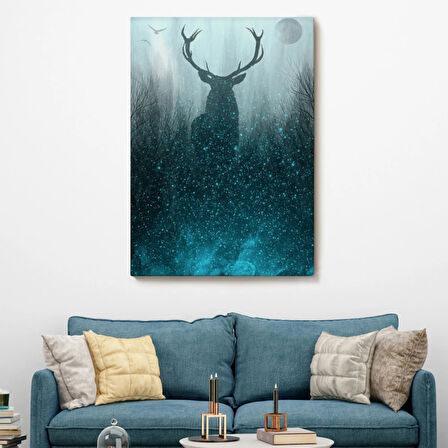 Gece Ormandaki Geyik Silüeti Dekoratif Kanvas Tablo, Duvar Dekoru 6369