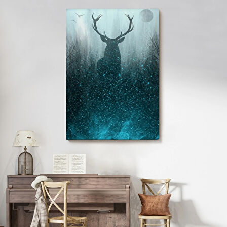 Gece Ormandaki Geyik Silüeti Dekoratif Kanvas Tablo, Duvar Dekoru 6369