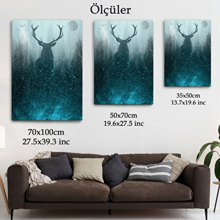 Gece Ormandaki Geyik Silüeti Dekoratif Kanvas Tablo, Duvar Dekoru 6369