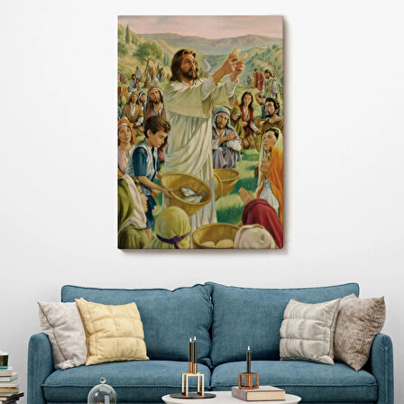 Rab İsa Binlercesini Ekmek ve Balıkla Doyururken Dekoratif Kanvas Tablo, Duvar Dekoru 6386