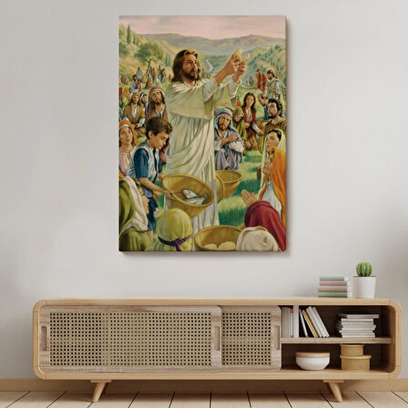 Rab İsa Binlercesini Ekmek ve Balıkla Doyururken Dekoratif Kanvas Tablo, Duvar Dekoru 6386