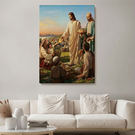 Rab İsa Binlercesini Ekmek ve Balıkla Doyururken Dekoratif Kanvas Tablo, Duvar Dekoru 6391