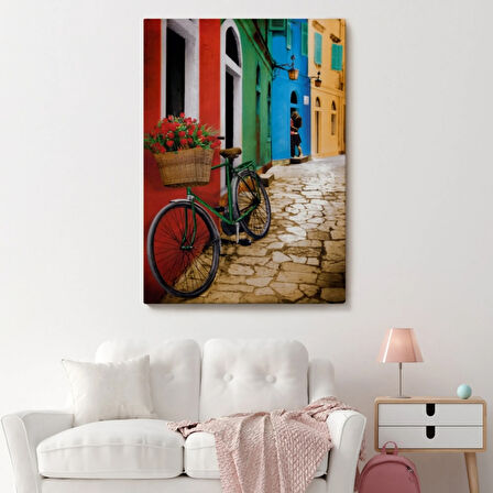 Çiçekli Bisiklet Sokakta Dekoratif Kanvas Tablo, Duvar Dekoru 6453