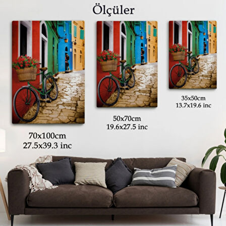 Çiçekli Bisiklet Sokakta Dekoratif Kanvas Tablo, Duvar Dekoru 6453