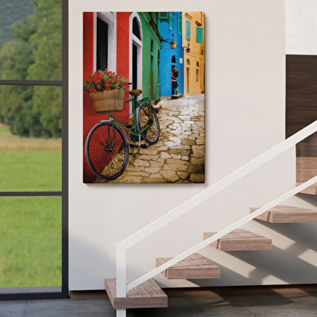 Çiçekli Bisiklet Sokakta Dekoratif Kanvas Tablo, Duvar Dekoru 6453