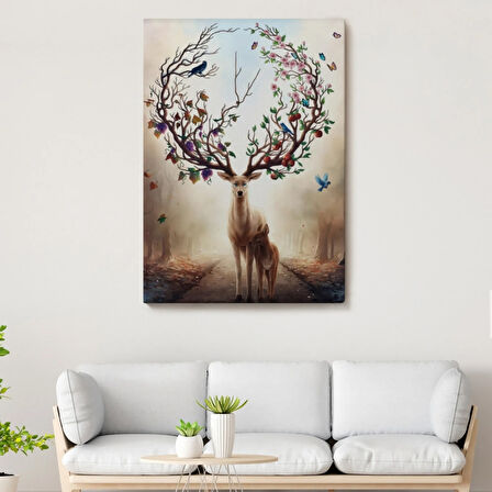 Geyik Boynuzunda Renkli Kuşlar Dekoratif Kanvas Tablo, Duvar Dekoru 6477