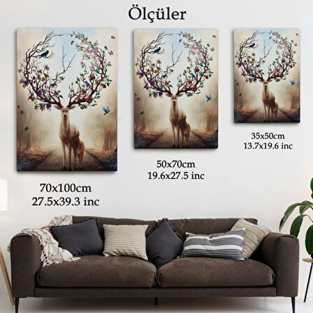 Geyik Boynuzunda Renkli Kuşlar Dekoratif Kanvas Tablo, Duvar Dekoru 6477