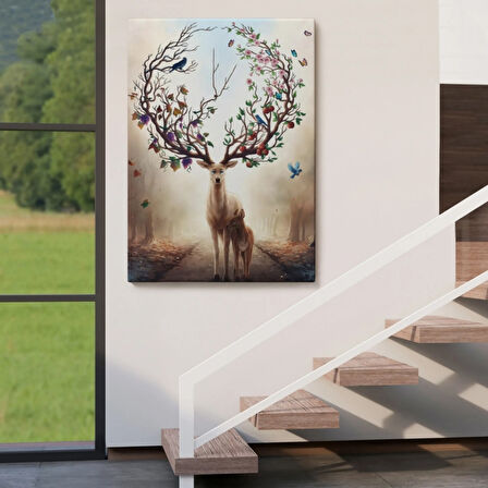 Geyik Boynuzunda Renkli Kuşlar Dekoratif Kanvas Tablo, Duvar Dekoru 6477