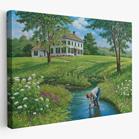 Akarsu ve Oynayan Çocuk Dekoratif Kanvas Tablo, Duvar Dekoru 6533