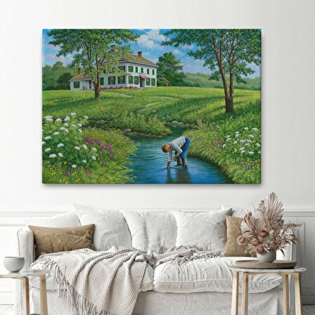 Akarsu ve Oynayan Çocuk Dekoratif Kanvas Tablo, Duvar Dekoru 6533