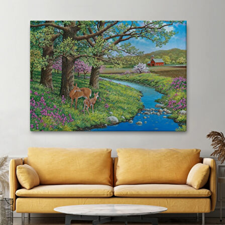 Akarsu ve Ceylan ile Yavrusu Dekoratif Kanvas Tablo, Duvar Dekoru 6535