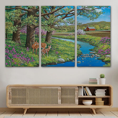 Akarsu ve Ceylan ile Yavrusu Dekoratif Kanvas Tablo, Duvar Dekoru 6535