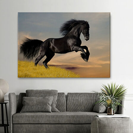 Şahlanan Siyah At Dekoratif Kanvas Tablo, Duvar Dekoru 6613