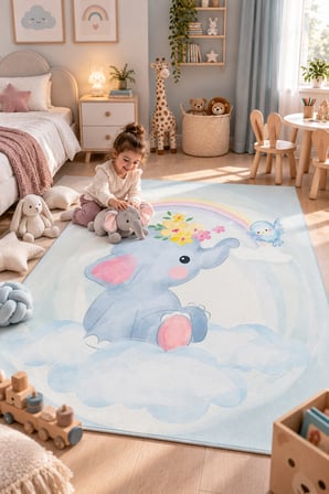 Gökkuşağı ve Sevimli Fil Desenli Çocuk Odası Halısı Bulutlu Kaymaz Yıkanabilir Bebek Oyun Halısı 22