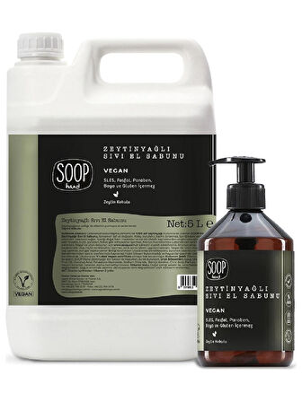 Soop Hand Sıvı El Sabunu ZeytinyağlıSet 5 L- 500 ml| %100 Saf Zeytinyağlı | Vegan Ve Doğal İçerik | Kolay Durulanır