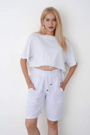 Müslin Şort Kadın Yüksek Bel Oversize Rahat Kesim Cepli %100 Pamuklu Yazlık Şort
