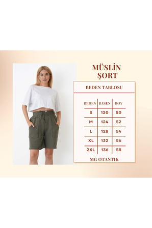 Müslin Şort Kadın Yüksek Bel Oversize Rahat Kesim Cepli %100 Pamuklu Yazlık Şort
