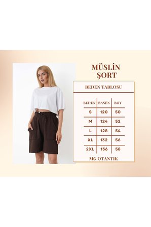 Müslin Şort Kadın Yüksek Bel Oversize Rahat Kesim Cepli %100 Pamuklu Yazlık Şort