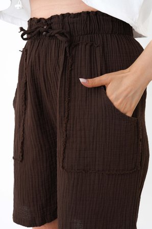 Müslin Şort Kadın Yüksek Bel Oversize Rahat Kesim Cepli %100 Pamuklu Yazlık Şort