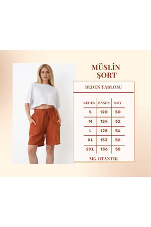 Müslin Şort Kadın Yüksek Bel Oversize Rahat Kesim Cepli %100 Pamuklu Yazlık Şort