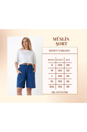 Müslin Şort Kadın Yüksek Bel Oversize Rahat Kesim Cepli %100 Pamuklu Yazlık Şort