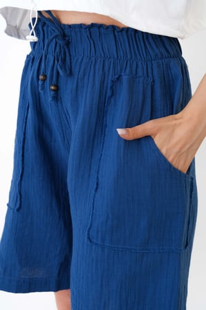Müslin Şort Kadın Yüksek Bel Oversize Rahat Kesim Cepli %100 Pamuklu Yazlık Şort