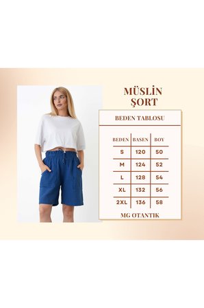 Müslin Şort Kadın Yüksek Bel Oversize Rahat Kesim Cepli %100 Pamuklu Yazlık Şort