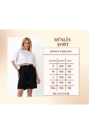 Müslin Şort Kadın Yüksek Bel Oversize Rahat Kesim Cepli %100 Pamuklu Yazlık Şort