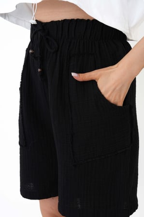 Müslin Şort Kadın Yüksek Bel Oversize Rahat Kesim Cepli %100 Pamuklu Yazlık Şort