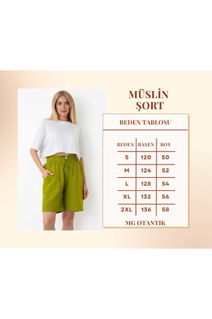 Müslin Şort Kadın Yüksek Bel Oversize Rahat Kesim Cepli %100 Pamuklu Yazlık Şort