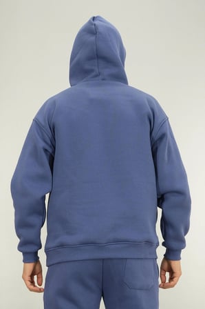 Erkek İndigo Oversize Kapüşonlu Sweatshirt 3 iplik Şardonlu Kanguru Cepli