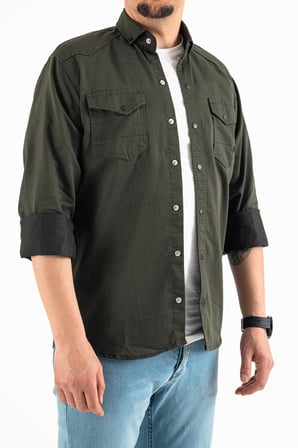 Souris Slim Fit Erkek Kot Gömlek Haki