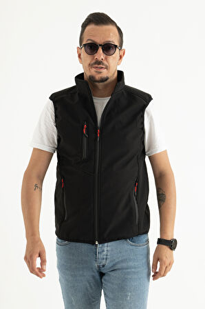Erkek Siyah Slim Fit Dar Kesim içi Polar Outdoor Softshell Yelek