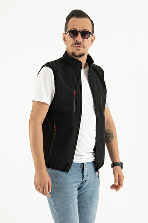 Erkek Siyah Slim Fit Dar Kesim içi Polar Outdoor Softshell Yelek