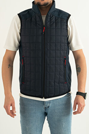 Erkek Lacivert Slim Fit Dar Kesim Içi Polar Outdoor Kapitone Yelek