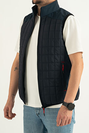 Erkek Lacivert Slim Fit Dar Kesim Içi Polar Outdoor Kapitone Yelek