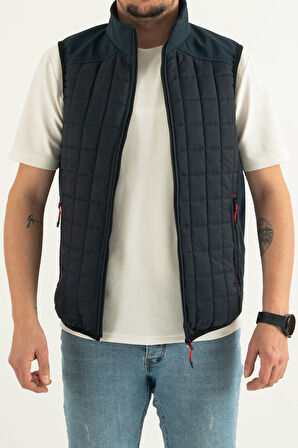 Erkek Lacivert Slim Fit Dar Kesim Içi Polar Outdoor Kapitone Yelek