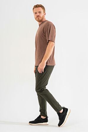 Erkek Haki Yandan Cepli Beli Lastikli Bağcıklı Bilek Paça Slimfit Dar Kesim Jogger Pantolon