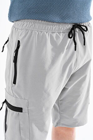 Erkek Açık Gri Nefes Alan Likralı Kumaş 5 Cepli Outdoor Kargo Kapri Şort