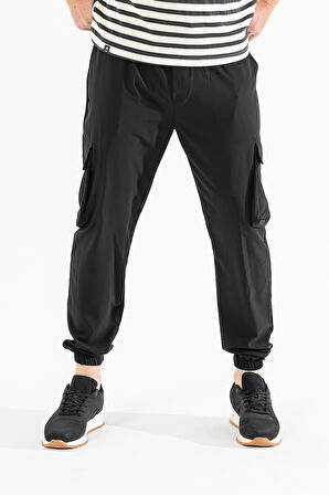 Erkek Siyah Likralı Esnek İnce Kumaş Lastikli Paça Torba Cep Pantolon