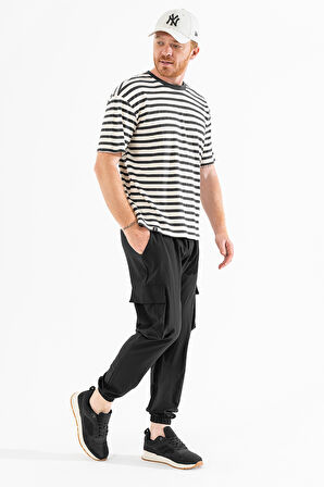 Erkek Siyah Likralı Esnek İnce Kumaş Lastikli Paça Torba Cep Pantolon