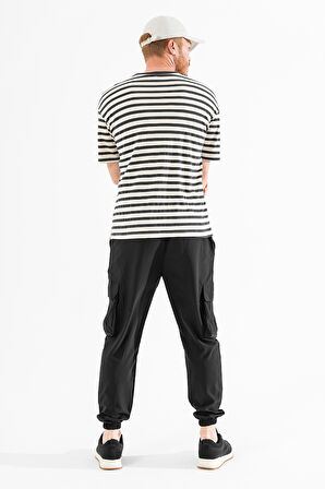 Erkek Siyah Likralı Esnek İnce Kumaş Lastikli Paça Torba Cep Pantolon