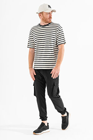 Erkek Siyah Likralı Esnek İnce Kumaş Lastikli Paça Torba Cep Pantolon