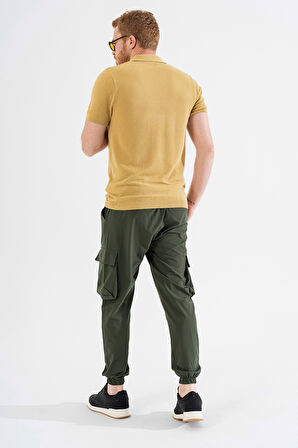 Erkek Haki Likralı Esnek İnce Kumaş Lastikli Paça Torba Cep Pantolon