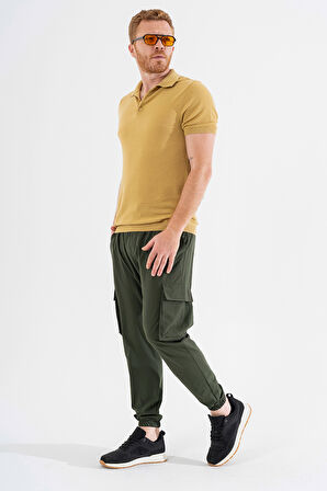 Erkek Haki Likralı Esnek İnce Kumaş Lastikli Paça Torba Cep Pantolon