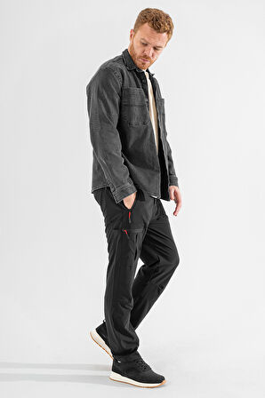 Erkek Siyah Likralı İnce Kumaş 6 Cepli Outdoor Taktik Kargo Pantolon